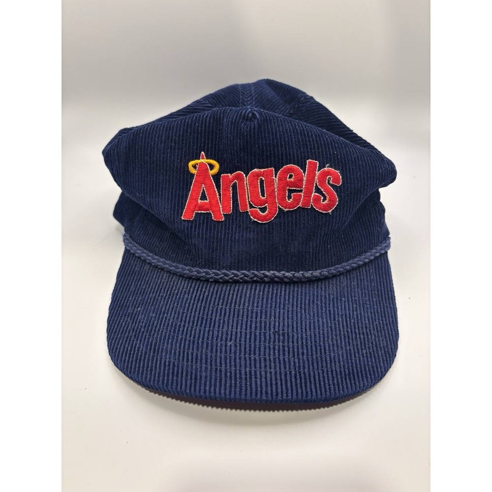 80s 90s Vintage California Angels Corduroy Hat Cap The Cord Script MLB Halo Navy